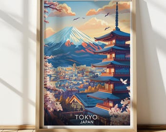 Póster de cerezos en flor de Tokio, pagoda del monte Fuji, arte mural de Japón