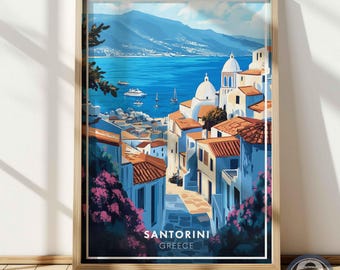 Affiche de Santorin, impression d'art mural Grèce, décoration côtière de la mer Égée, affiche de voyage en Méditerranée, oeuvre d'art de l'île