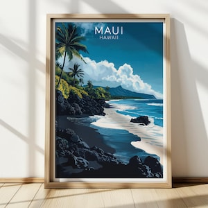 Black Sand Beach Maui Hawaii Art Print | Hawaii Travel Poster | Tropical Ocean & Mountain Landscape | Unique Wall Decor | Wall Art