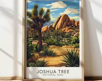 May include: A vintage-style illustration of Joshua Tree National Park in California. The image features a large Joshua Tree in the foreground, with rocky mountains and a blue sky in the background. The text "Joshua Tree National Park" is printed below the image.