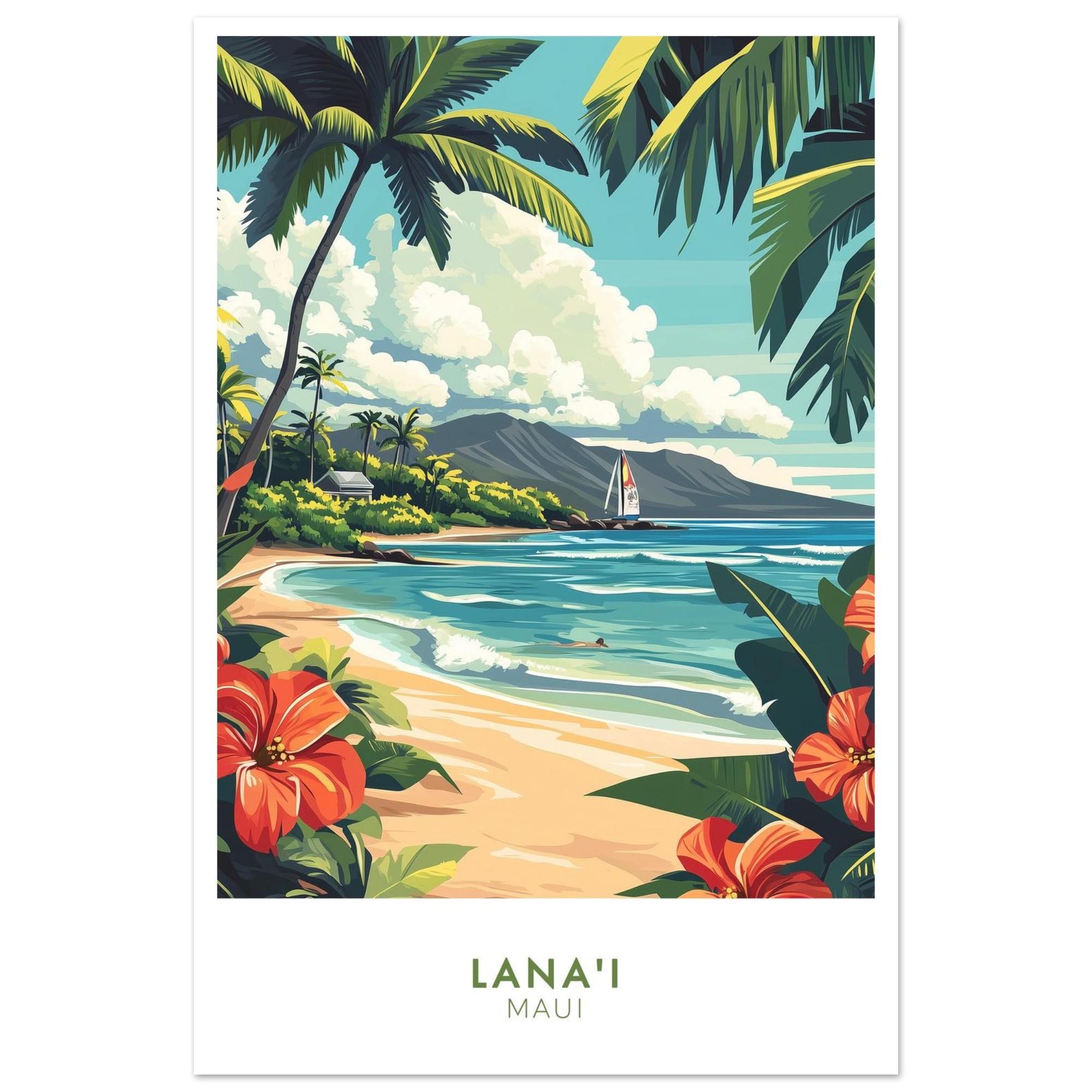 Lanai Hawaii Beach Landscape Print, Retro Tropical Wall Art - Etsy