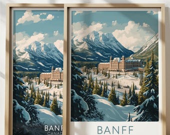 Puede incluir: Un póster de viaje de estilo vintage que presenta un paisaje montañoso nevado con un gran edificio de hotel en primer plano. El texto "BANFF CANADA" está impreso en la parte inferior del póster.