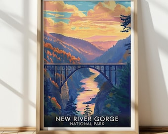 New River Gorge Poster, Nationalpark Wand Kunstdruck, Vintage West Virginia Reisedekor