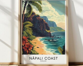 May include: A vintage travel poster featuring a scenic view of the Nā Pali Coast on the island of Kauaʻi, Hawaii. The poster depicts lush green vegetation, dramatic cliffs, a sandy beach, and turquoise ocean water.