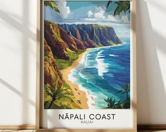 Nāpali Coast Poster, Kauai Hawaii Travel Wall Art Print, Coastal Landscape Decor