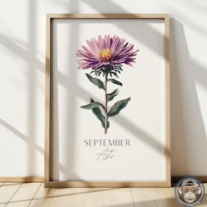Könnte beinhalten: Ein gerahmter botanischer Druck mit einer detaillierten Illustration einer lila Asterblume. Die Blume hat eine gelbe Mitte und grüne Blätter. Das Wort "SEPTEMBER" ist über dem Wort "Aster" in Kursivschrift gedruckt. Der Rahmen ist aus hellem Holz.
