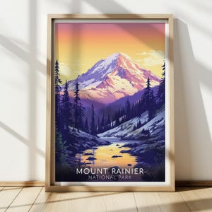 Affiche du parc national du Mont Rainier | art de voyage vintage à Washington | Art mural rétro imprimable | WA005P