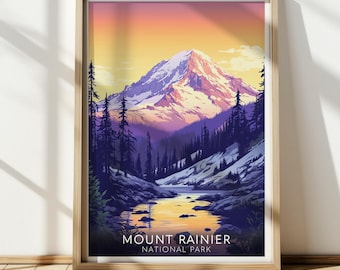May include: A vintage-style poster featuring a scenic view of Mount Rainier National Park. The poster depicts a snow-capped mountain peak with a river flowing through a forest in the foreground. The sky is a vibrant orange and purple gradient, and the text "MOUNT RAINIER NATIONAL PARK" is displayed at the bottom.