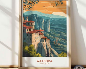 Poster Meteora Grecia, Stampa artistica da parete del monastero, Poster di viaggio europeo, Decorazione con paesaggio montano