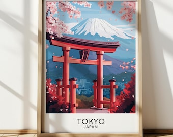 Tokyo Cherry Blossoms Travel Poster: Torii Gate Japan Wall Art