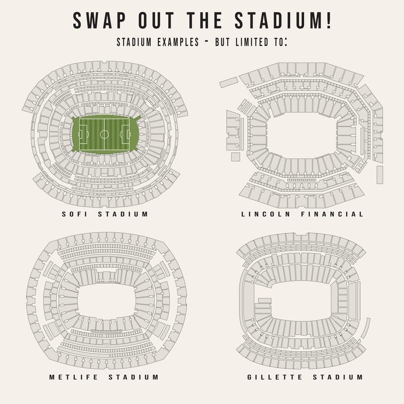 May include: A graphic print featuring four stadium seating charts labeled SWAP OUT THE STADIUM! STADIUM EXAMPLES - BUT LIMITED TO: SOFI STADIUM, LINCOLN FINANCIAL, METLIFE STADIUM, and GILLETTE STADIUM. The SoFi Stadium diagram includes a green football field.