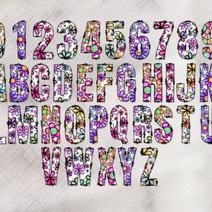 Pode incluir: Um alfabeto e n&uacute;meros coloridos com um padr&atilde;o floral. Cada letra e n&uacute;mero &eacute; preenchido com uma variedade de flores em diferentes cores, incluindo rosa, roxo, amarelo e azul.