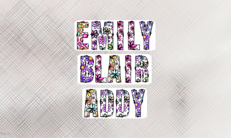 Pode incluir: Tr&ecirc;s adesivos brancos com os nomes "EMILY", "BLAIR" e "ADDY" escritos em letras pretas delineadas. As letras s&atilde;o preenchidas com um padr&atilde;o floral colorido.