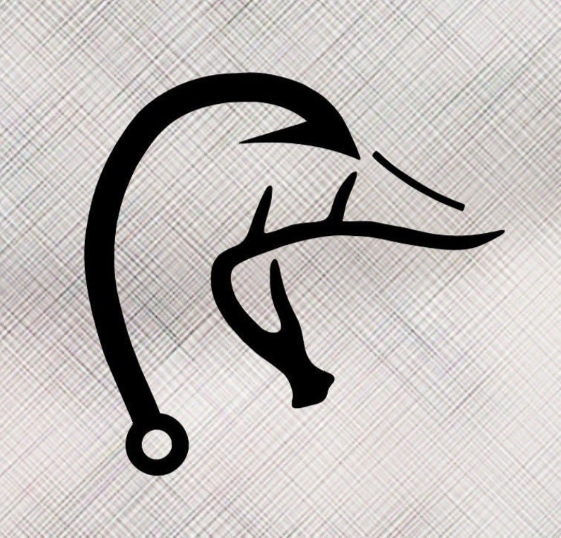 K&ouml;nnte beinhalten: Schwarz-wei&szlig;e Silhouette eines Entenkopfes mit Geweih, &auml;hnelt einem Jagd- oder Angellogo.