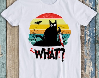 Cat What Murderous Black Cat Knife Moon Halloween Unisex Men Women Gift Cool Cult Movie Music Fashion Top Tee T Shirt T835
