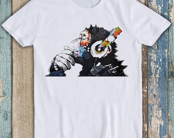 Banksy DJ Monkey Thinker with Headphones Best Seller Funny Meme Top Gift Tee T Shirt T1542