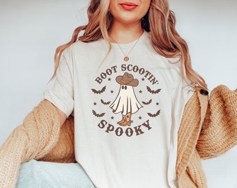 Camiseta assustadora Boot Scootin, camiseta de Halloween, camiseta assustadora fofa, camiseta de presente de Halloween, camiseta de fantasma de cowboy, camiseta de presente de Halloween ocidental