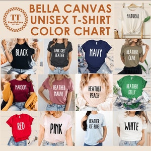 K&ouml;nnte beinhalten: Farbkarte f&uuml;r Bella Canvas Unisex-T-Shirts. Die Karte zeigt 12 verschiedene Farben, darunter Schwarz, Marine, Rotbraun, Rot, Rosa, Wei&szlig;, Grau meliert, Oliv meliert, Lila meliert, Pfirsich meliert, Kelly meliert und Eisblau meliert.