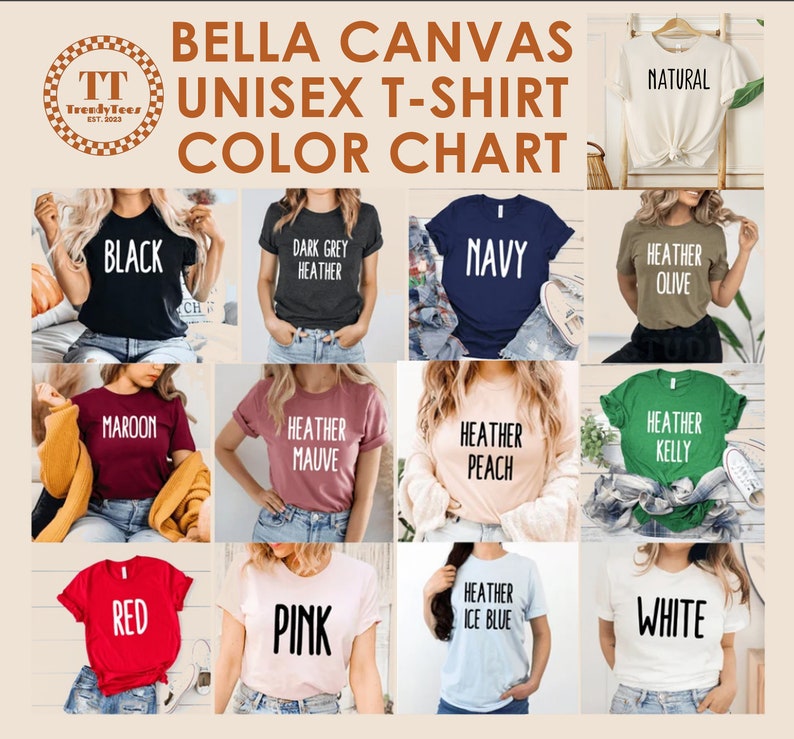 K&ouml;nnte beinhalten: Farbkarte f&uuml;r Bella Canvas Unisex-T-Shirts. Die Karte zeigt 12 verschiedene Farben, darunter Schwarz, Marine, Rotbraun, Rot, Rosa, Wei&szlig;, Grau meliert, Oliv meliert, Lila meliert, Pfirsich meliert, Kelly meliert und Eisblau meliert.