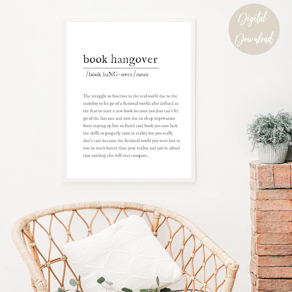 Book Hangover Definition Minimalist Printable, Book Wall Art, Gift For Book Lovers, Gift For Readers