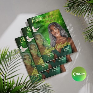 Plantilla de obituario, plantilla de anuncio de funeral conmemorativo, invitación a funeral, folleto editable &quot;Descanse en paz&quot; en Canva Green.