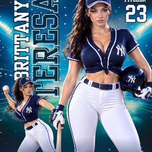 Op de afbeelding: Een honkbalposter met de tekst BRITTANY TERESA, SENIOR PITCHER 23 en RALLY CATS 20XX. De afbeelding toont een honkbalspeler in een marineblauw shirt met een wit NY-logo, een witte broek, een marineblauwe pet en een marineblauwe slaghelm.