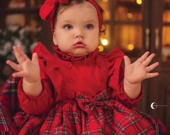 Red Plaid Baby Dress, High Neck Pleated Dress, Button Up Dress With Bow Tie, Girls Holiday Dress, New Year Dress, Fashion Wear Outfit