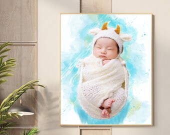 Personalized Watercolor Newborn Baby Portrait, Custom Portrait From Photo, Canvas Wall Art For Home Decor, Commission Art, New Parents Gift