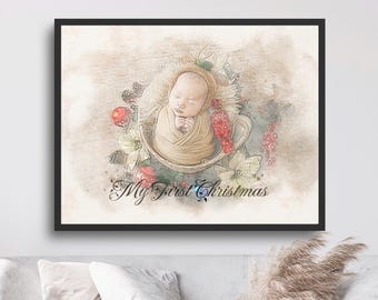 Personalized Watercolor Newborn Baby Portrait, Custom Portrait From Photo, Canvas Wall Art For Home Decor, Commission Art, New Parents Gift