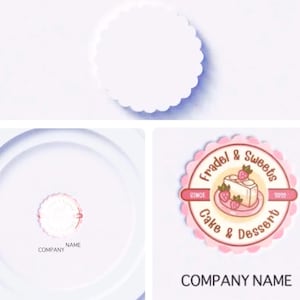 May include: Pink and white round sticker with the text "Fradel & Sweets Since 2022 Cake & Dessert" and a cartoon image of a cake with strawberries. The text "COMPANY NAME" is below the sticker.