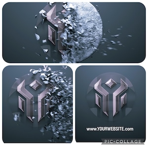 May include: A silver and grey geometric logo with a shattered effect. The logo is surrounded by pieces of broken silver and grey material. The text "www.YOURWEBSITE.com" is at the bottom of the image.