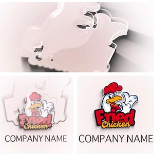 May include: A fried chicken restaurant logo featuring a cartoon chicken with a red comb and yellow beak. The words "Fried Chicken" are in red and yellow. The text "COMPANY NAME" is below the logo.