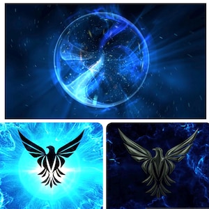 May include: A blue and black abstract design with a stylised bird in the centre. The bird is surrounded by a blue and black swirling pattern. The design is set against a dark blue background.