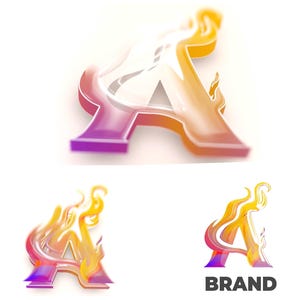 Puede incluir: Una letra estilizada A con un diseño de llama. La letra es un degradado de morado, naranja y amarillo. La letra está en estilo 3D y tiene un acabado brillante. La letra está aislada sobre un fondo blanco.