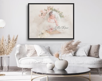 Personalized Watercolor Newborn Baby Portrait, Custom Portrait From Photo, Canvas Wall Art For Home Decor, Commission Art, New Parents Gift