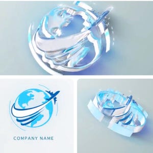 May include: A blue and white 3D logo of a globe with an airplane flying around it. The logo is surrounded by a white circle with a blue outline. The text "COMPANY NAME" is below the logo.