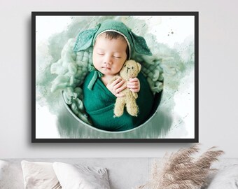 Personalized Watercolor Newborn Baby Portrait, Custom Portrait From Photo, Canvas Wall Art For Home Decor, Commission Art, New Parents Gift