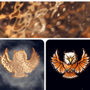 May include: A golden eagle with its wings spread wide, set against a dark background with a cloudy sky. The eagle has a fierce expression and sharp talons.