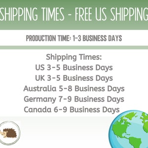 May include: Green and white graphic with the text "SHIPPING TIMES - FREE US SHIPPING" and "PRODUCTION TIME: 1-3 BUSINESS DAYS".  The graphic also includes a list of shipping times for different countries: US 3-5 Business Days, UK 3-5 Business Days, Australia 5-8 Business Days, Germany 7-9 Business Days, Canada 6-9 Business Days.