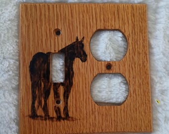Quarter Horse Woodburned Oak Switch Plate