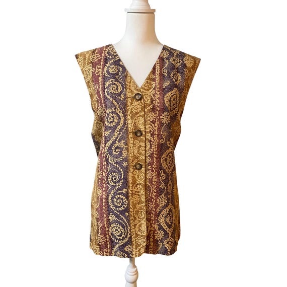 Liz Claiborne, Vintage Liz Claiborne 100% Silk Vest Size 14 Gold Purple Batik Floral Longline Waistcoat