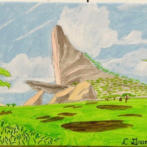 May include: A painting of a large, gray rock formation with a green grassy field in the foreground. The sky is blue with white clouds. The painting is signed "L.C. Grande" in the lower right corner.