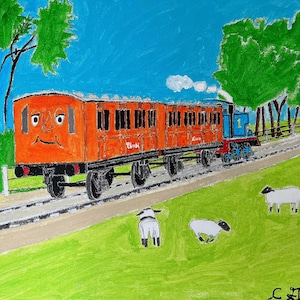 Thomas the Tank Engine traveling with Annie and Clarabel on the branch line