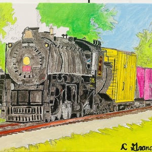 May include: A black and grey steam locomotive train with yellow and pink boxcars. The train is moving through a green field with a blue sky in the background. The train is painted with black, grey, yellow, pink, and white.