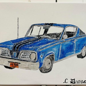 May include: A blue vintage car painting on canvas. The car is a coupe with black racing stripes and a license plate that reads "HX 9386". The artwork is signed "C. Zronde" in the bottom right corner.
