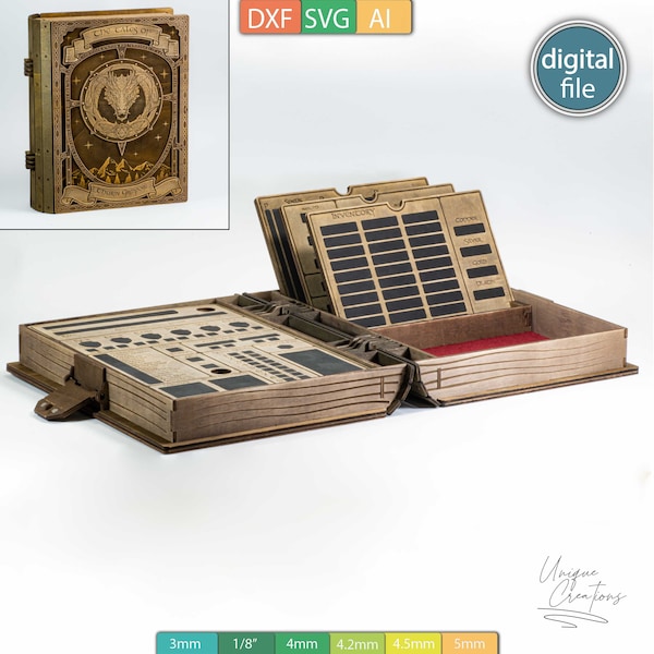 Bookbox with Character Sheet, Dicebox and Storage for your rpg needs AI, SVG, DXF Files - Digital download