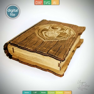 Laser Cut Book Dice Box Template with magnetic lid, Dragon Emblem - Engraved Design for RPGs - AI, SVG, DXF Files - Digital download