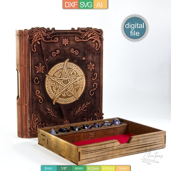 Arcane Spellbook Dice Box Laser Cut Template, 4 Inlays- Engraved Design for RPGs - AI, SVG, DXF Files - Digital download