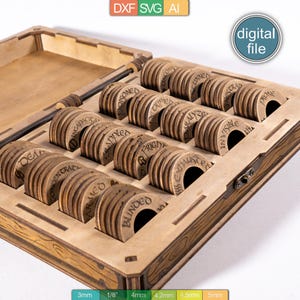 Può includere: Set di gettoni di gioco in legno con varie etichette di effetti di stato, tra cui "Morto", "Concentrato" e "Avvelenato". I gettoni sono conservati in una scatola di legno con coperchio incernierato. L'immagine include anche il testo "digital file".