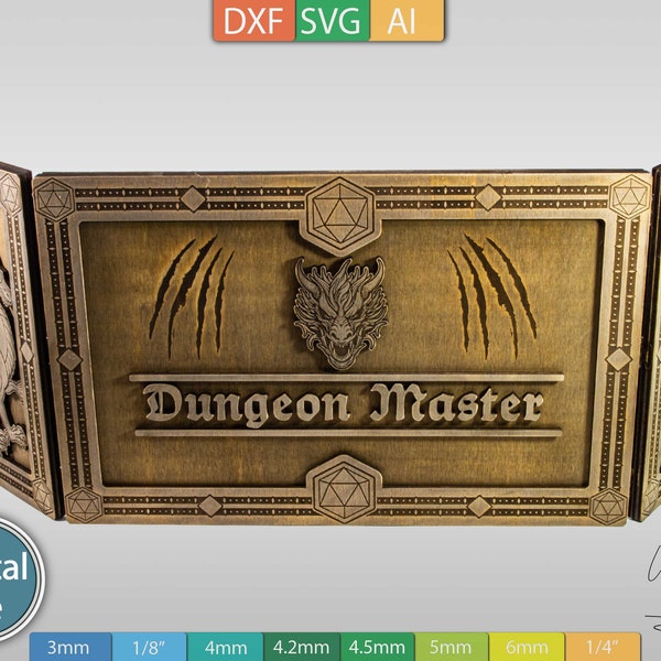Laser Cut Dungeon Master Screen Template - Dragon and Dice Design - DXF SVG AI Files - Téléchargement numérique